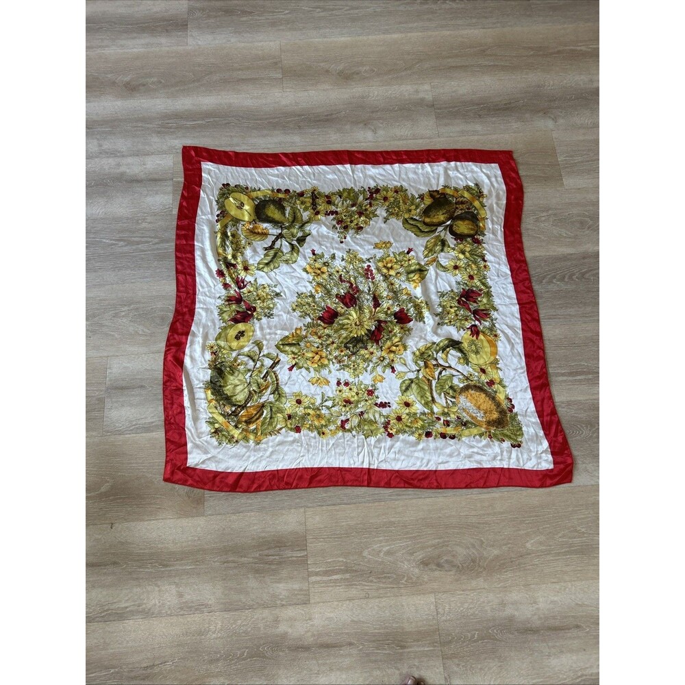 Vintage Silk Scarf Botanical Floral Fruit Nature Print  Red Border VTG